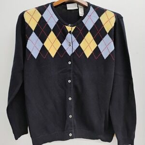 Liz Claiborne L Large Cardigan Sweater Navy Blue Argyle 100% Cotton Womens